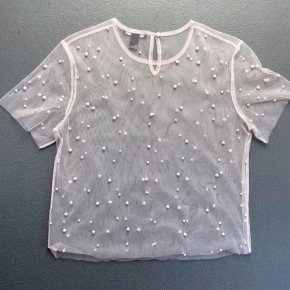 Forever 21 Women Sheer Pearl Mesh Top Medium Coquette SoftGirl Fairycore Y2K - Picture 3 of 6